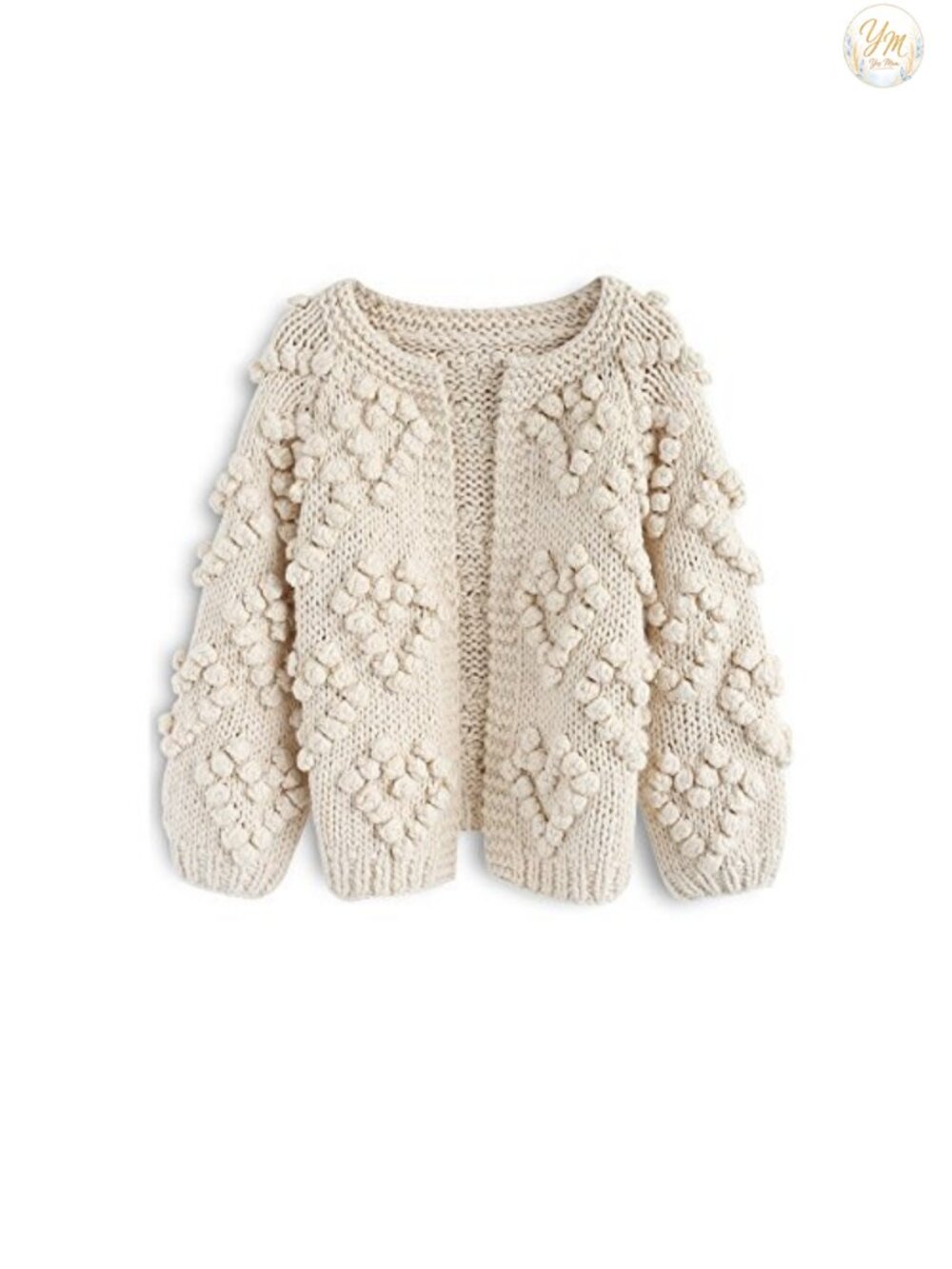 Hand Knit Open Front Cardigan with Heart Shape Balls - Oversized Fit